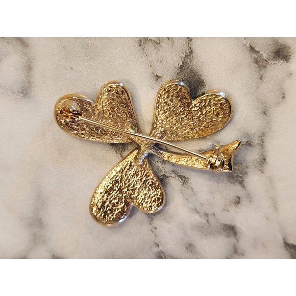 Vintage Gold-Tone Green Glitter Shamrock Clover Brooch Pin Hearts - Picture 2 of 4